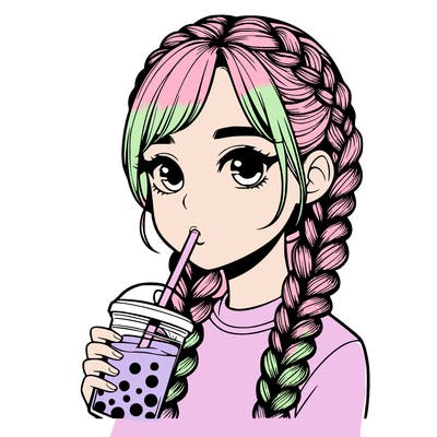 realistic girl with braided hair drinking boba
