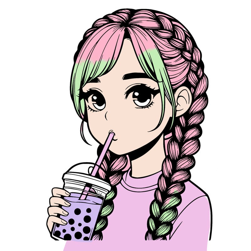 realistic girl with braided hair drinking boba