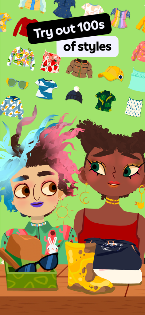 Due personaggi con acconciature e accessori creativi in Toca Boca Hair Salon 4