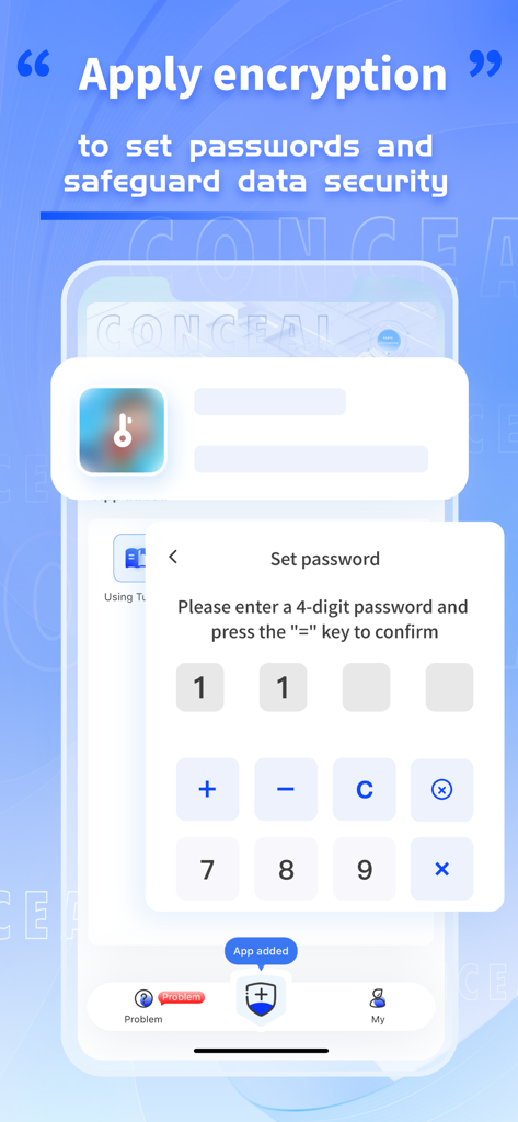 Interfaz de App Hide mostrando una pantalla de configuración de contraseña de 4 dígitos para el cifrado de aplicaciones móviles