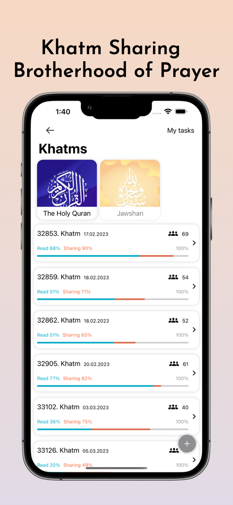Interfaccia dell'app mobile che mostra il progresso della recitazione comunitaria del Khatm e le funzionalità della community di preghiera