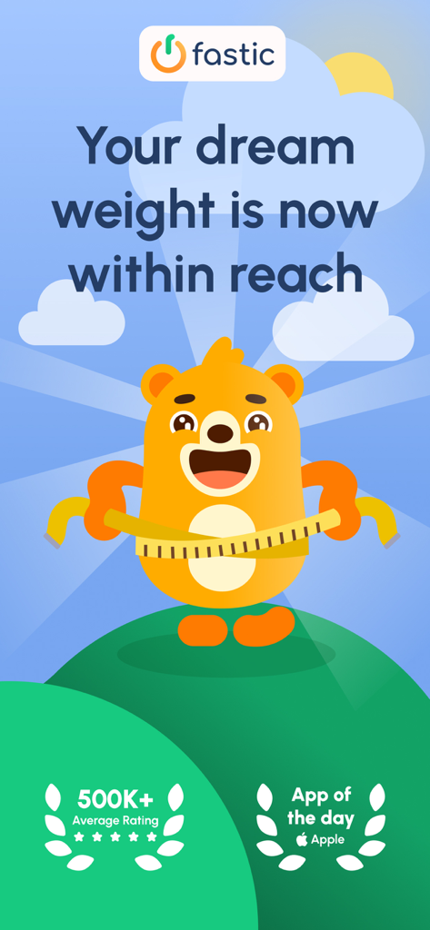 Fastic promotional screen featuring a bear character with a measuring tape and the text Your dream weight is now within reach.