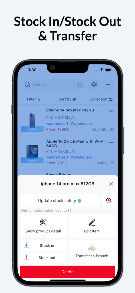 Naye Inventory Management App - A mobile interface of the Naye Inventory Management App showing stock in stock out and transfer options.