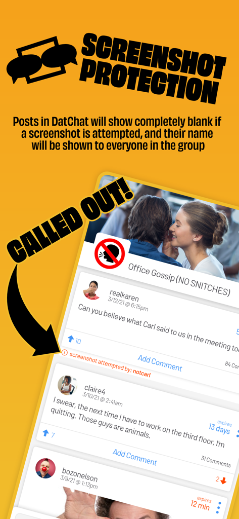 스크린샷을 시도한 사람을 식별하는 스크린샷 방지 알림을 보여주는 DatChat 앱 인터페이스
