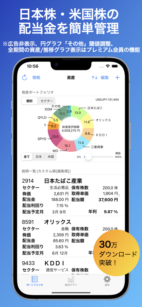配当管理アプリのインターフェース、株式ポートフォリオの内訳チャートと資産リストを表示