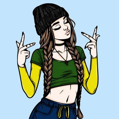 realistic teenage girl with braids and a beanie and crop top doing 🫶🏼
