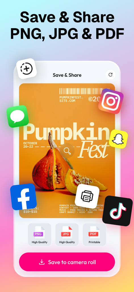 Flayer: AI Poster Maker, Flyer - PNG JPGまたはPDFとしてデザインをソーシャルメディアアイコンとともに保存および共有するオプションを表示するFlayerアプリのインターフェース