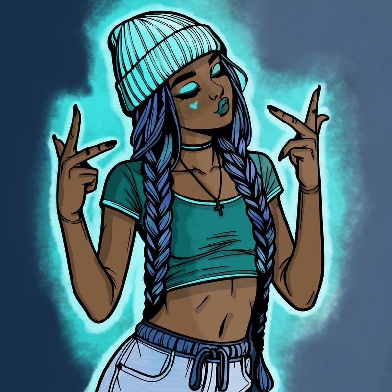 realistic teenage girl with braids and a beanie and crop top doing 🫶🏼