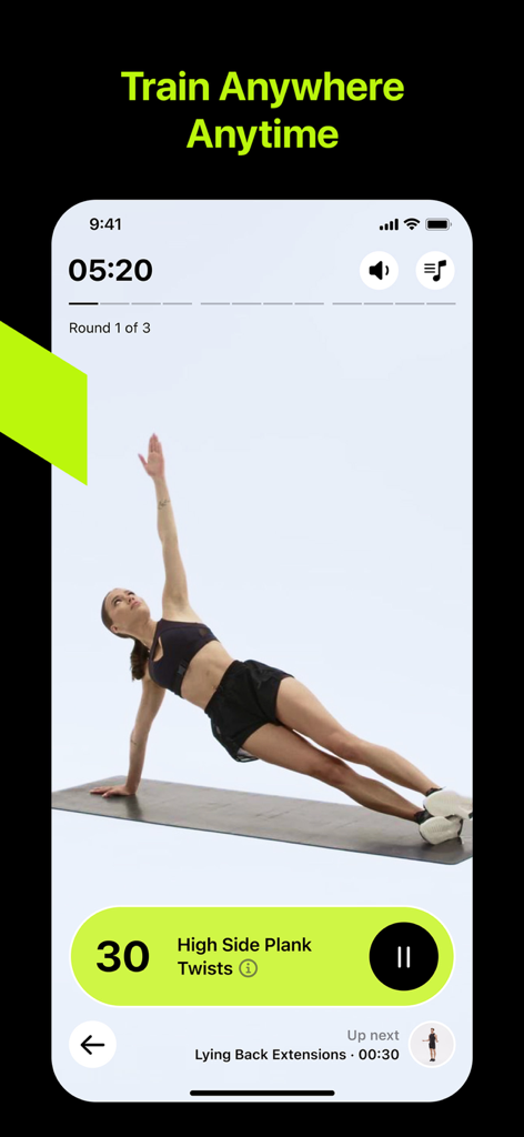 Home Workout Planner - FitFlow - Aplicación FitFlow que muestra a una mujer haciendo una plancha lateral en casa