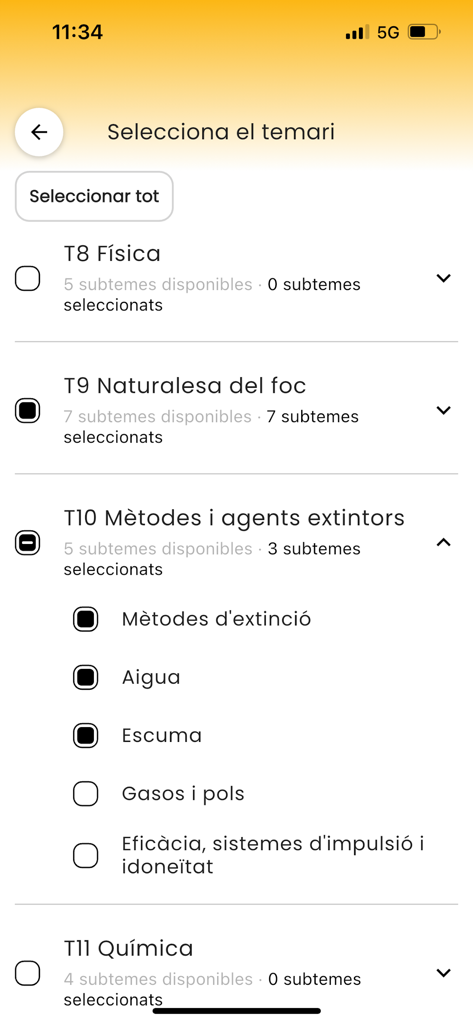 Selection screen for firefighter exam study topics in the Racord Girona app