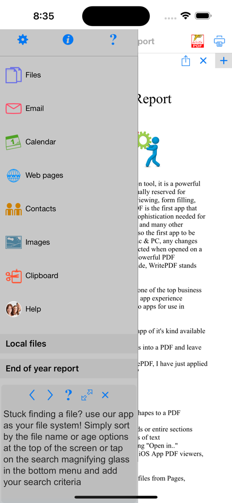 WritePDF for iPhoneのサイドメニュー。メール、Webページ、連絡先などのファイル管理オプションが表示されています。