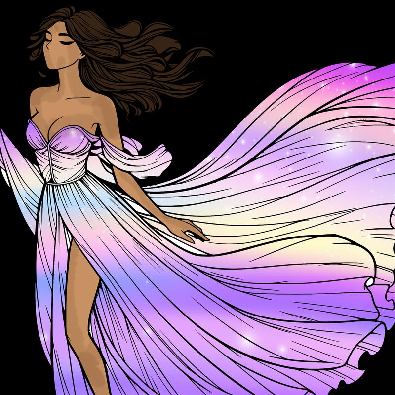 realistic woman in dress flowing the the wind