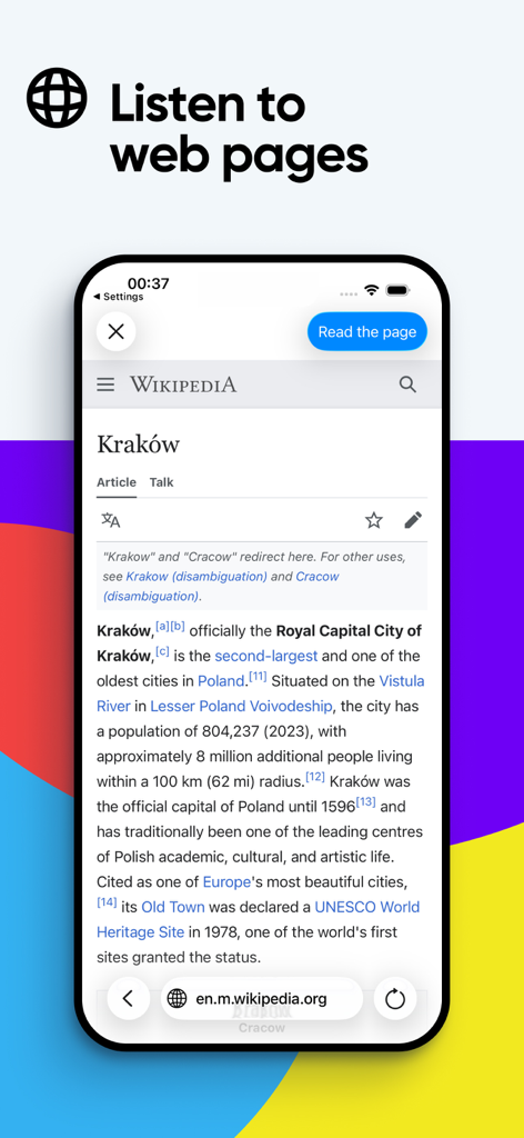 Aplicación Voice Aloud Reader mostrando un artículo de Wikipedia con un botón Leer la página para escuchar contenido web.