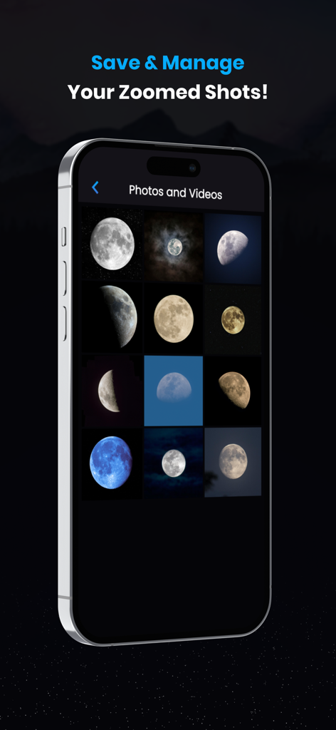 UltraZoom 200x - Super TeleCam - Gallery screen of the UltraZoom app displaying various high detail photos of the moon in different phases