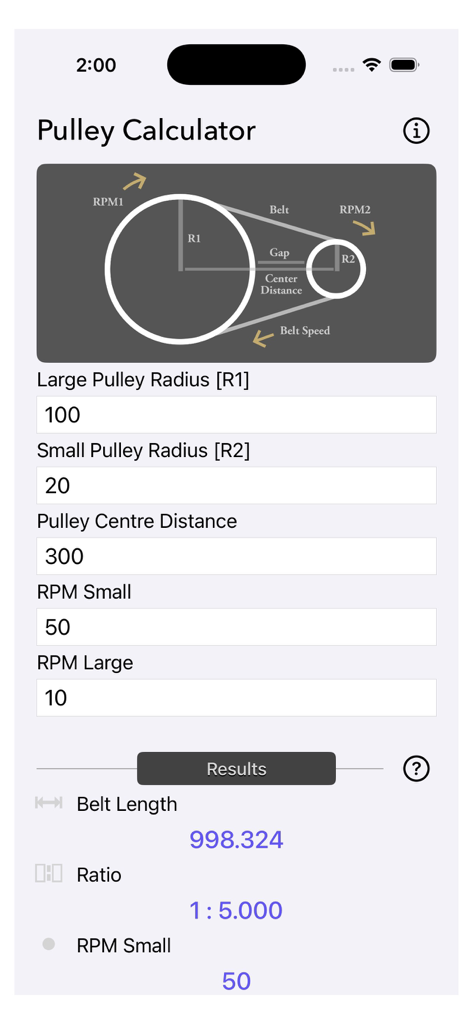 Interface of the Pulley Calculator app showing belt length and RPM calculations