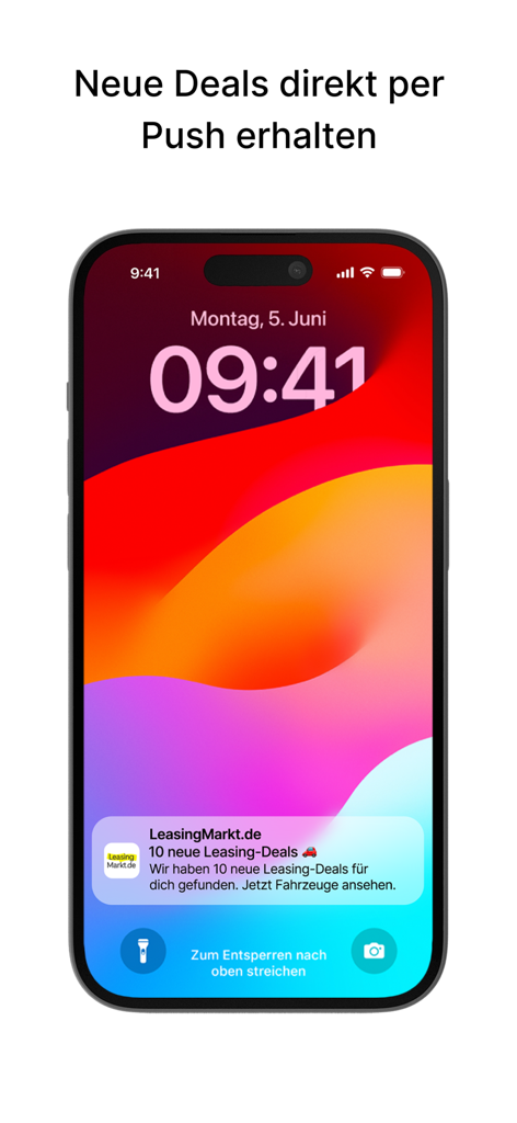 iPhone-Sperrbildschirm, der eine Push-Benachrichtigung für neue Auto-Leasing-Angebote von der LeasingMarkt.de App anzeigt