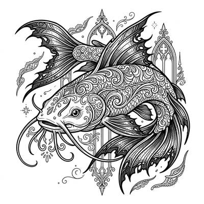 Immerse yourself in the dark elegance of this unique gothic catfish coloring page, featuring intricate patterns and a mysterious aura. This detailed design offers a captivating challenge for colorists seeking a blend of aquatic wonder and ornate artistry.