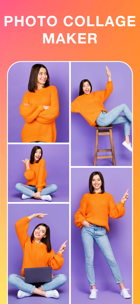 オレンジ色のセーターを着た女性の写真5枚がグリッドレイアウトで表示されたサンプルフォトコラージュ。