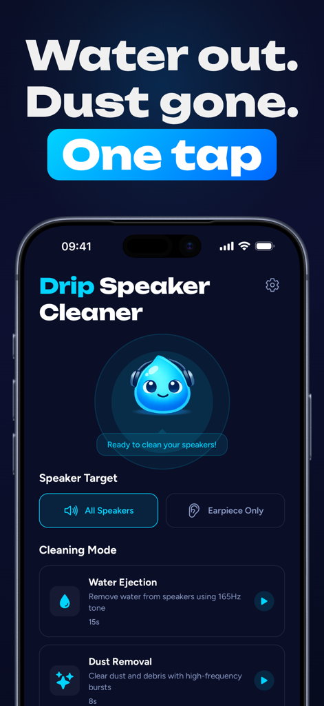 Drip Speaker Cleaner Water Fix - Drip Speaker Cleaner app showing water ejection and dust removal modes on an iPhone screen