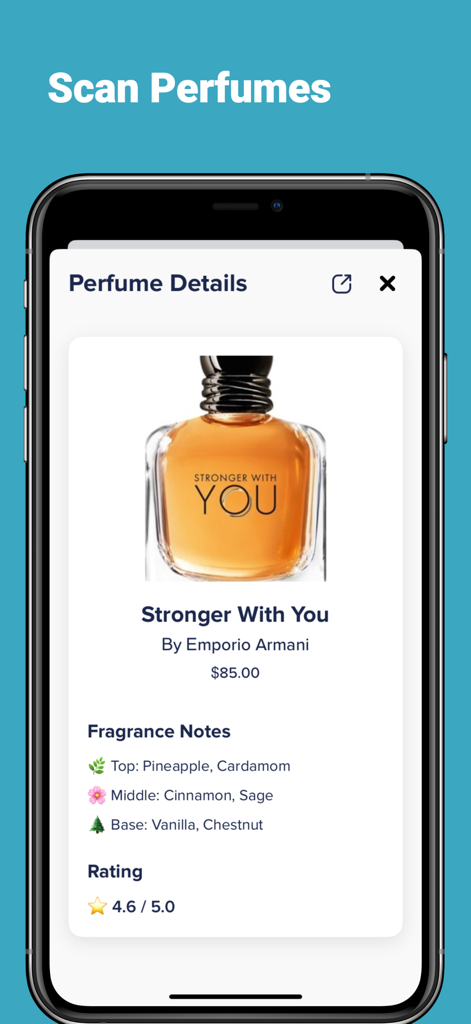 AI Perfume Identifier app showing detailed fragrance notes and rating for Emporio Armani Stronger With You perfume