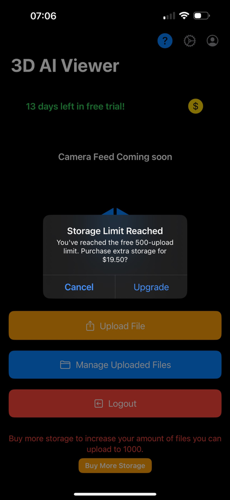 3D STL/OBJ Viewer - Interfaz de la aplicación Visor 3D AI que muestra una notificación de límite de almacenamiento alcanzado y opciones de gestión de archivos.