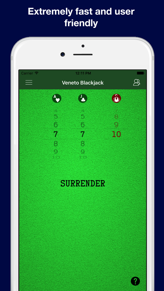 カード選択ホイールとサレンダーの戦略アクションを表示するブラックジャック・ストラテジー・アシスタントのモバイルアプリインターフェース