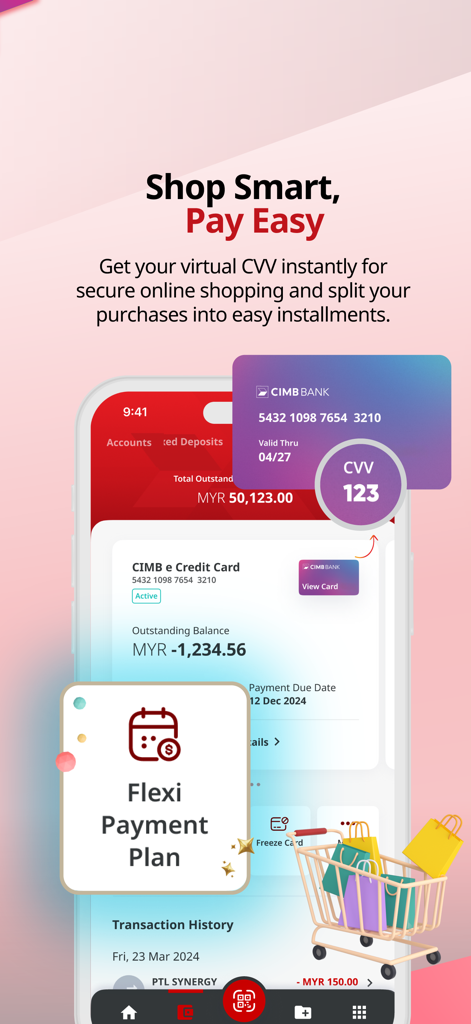 CIMB OCTO MY - CIMB OCTO MY app interface showing virtual credit card CVV and flexi payment plan for secure shopping