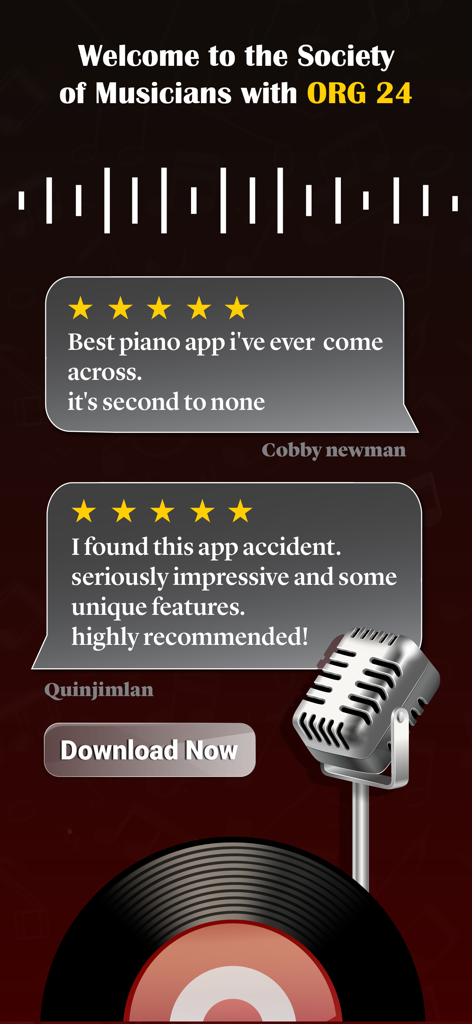 ORG 24: Your Music - Werbebildschirm für die ORG 24 Musik-App mit Fünf-Sterne-Nutzerbewertungen, einem Retro-Mikrofon und einer Schallplatte