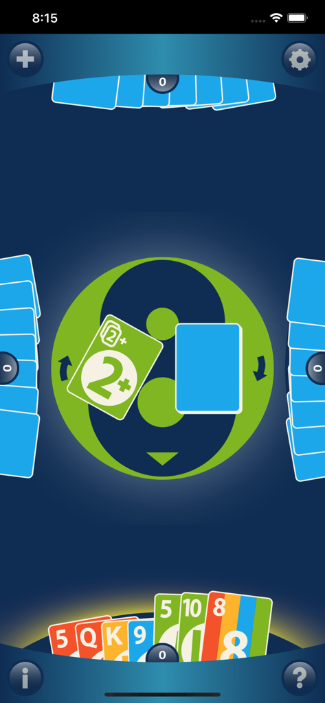 Crazy 8s+ - Uno screenshot dell'interfaccia del gioco di carte Crazy 8s plus con una mano di carte e tre avversari digitali