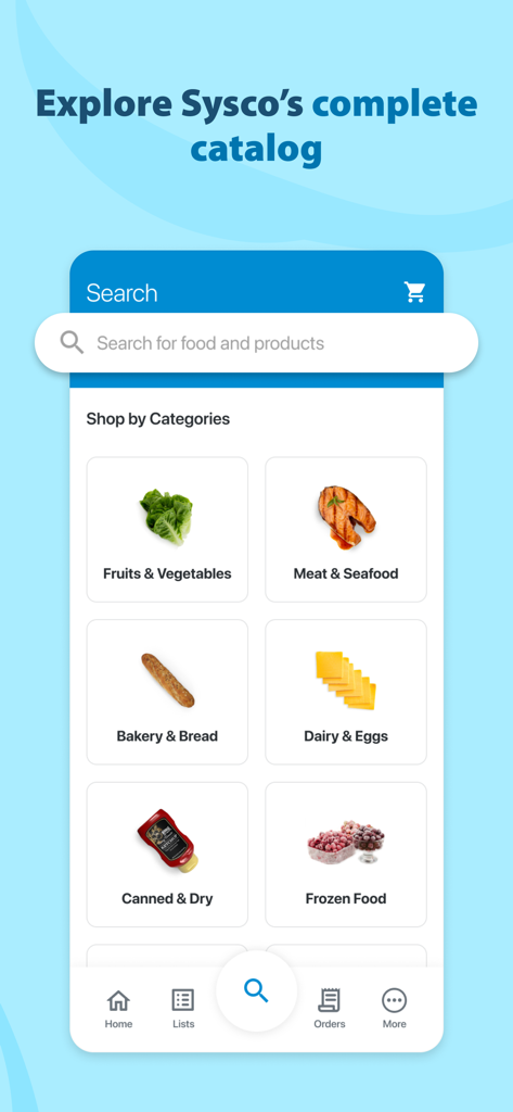 Sysco Shop - Pantalla de búsqueda de la aplicación Sysco Shop que muestra varias categorías de alimentos como frutas y verduras, carne y pescado, y panadería y pan