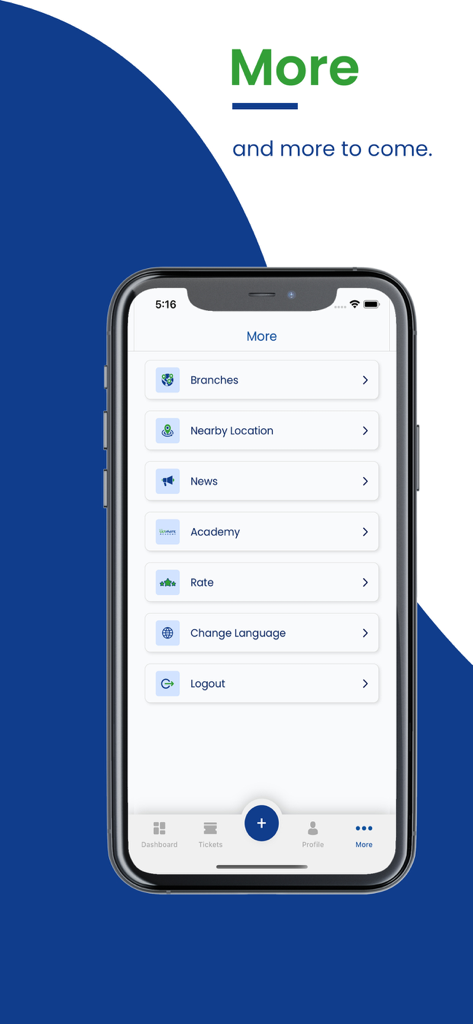 Der 'Mehr'-Menübildschirm der Ultimate CRM App mit Filialnachrichten und Einstellungen.