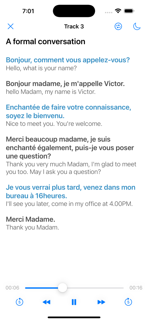 Bilingual formal French dialogue with English translations and audio playback