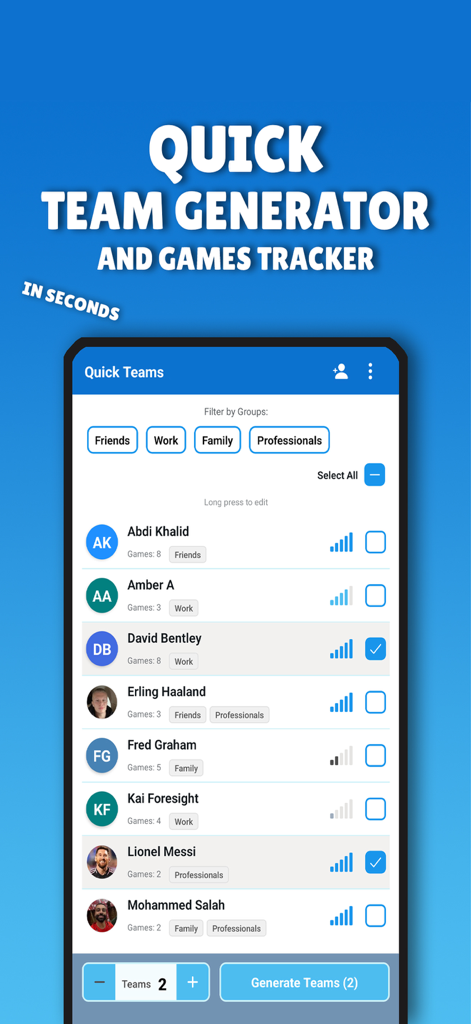 Elenco giocatori dell'app Quick Teams che mostra livelli di abilità e filtri di gruppo per generare squadre equilibrate