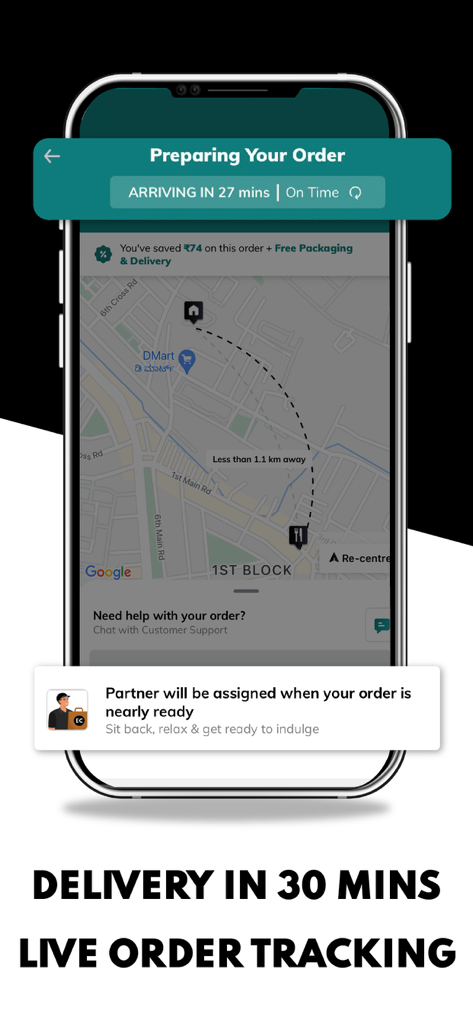 EatClub: Food Delivery App - Interfaccia dell'app EatClub che mostra il tracciamento dell'ordine di cibo in tempo reale su una mappa con l'orario di consegna stimato