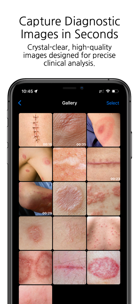 DICOM Camera - A smartphone screen displaying the DICOM Camera app gallery with various clinical images of skin conditions and surgical scars.