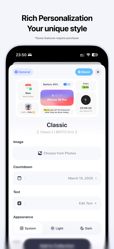 Interface of Koco Widgets app showing personalization settings for a classic bento grid widget layout on iPhone