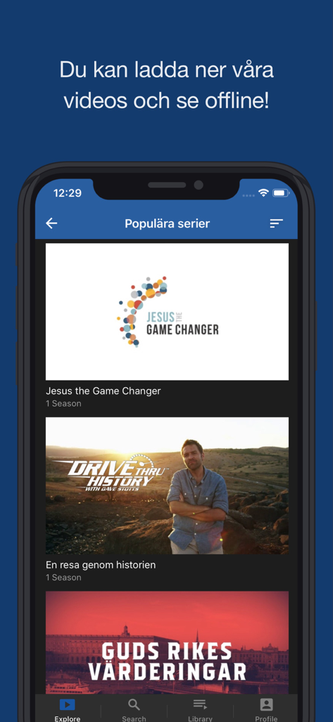 TBN Nordic Play - Une interface mobile de l'application TBN Nordic Play affichant une liste de séries chrétiennes populaires et un message sur la visualisation hors ligne.