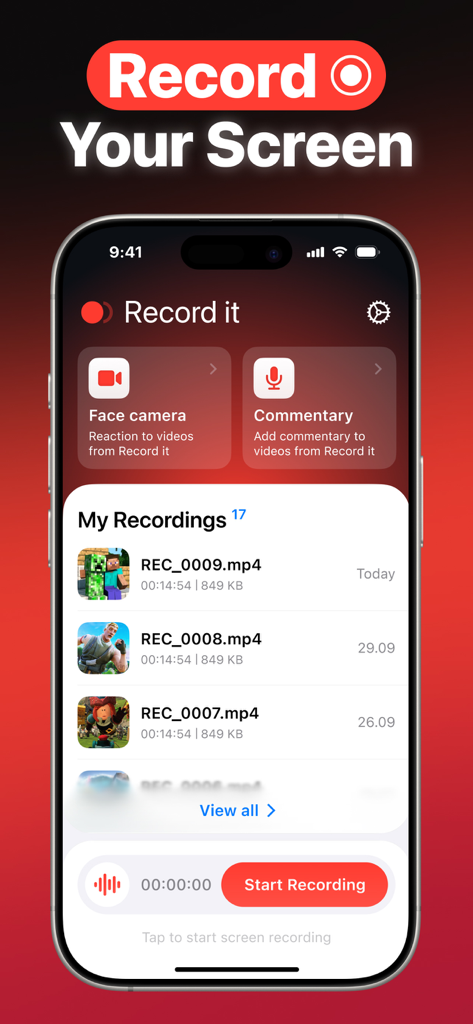 Screen Recorder HQ - Screen Recorder HQ interface showing recording options and saved game videos