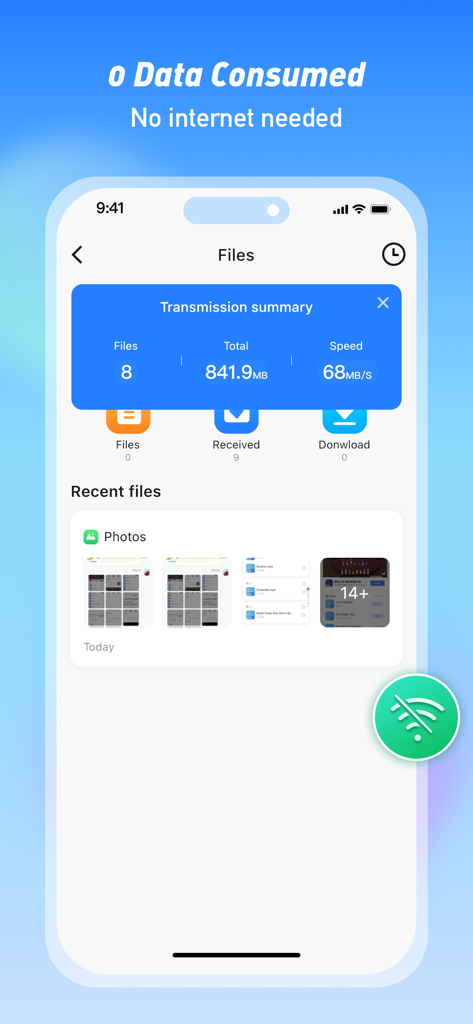 SHAREit app interface displaying a transmission summary for offline file sharing with zero data consumption