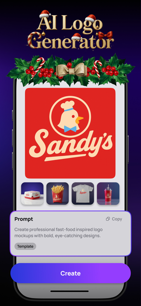 Hexa AI app interface showing a fast food logo design for Sandys with product mockups on a mobile screen