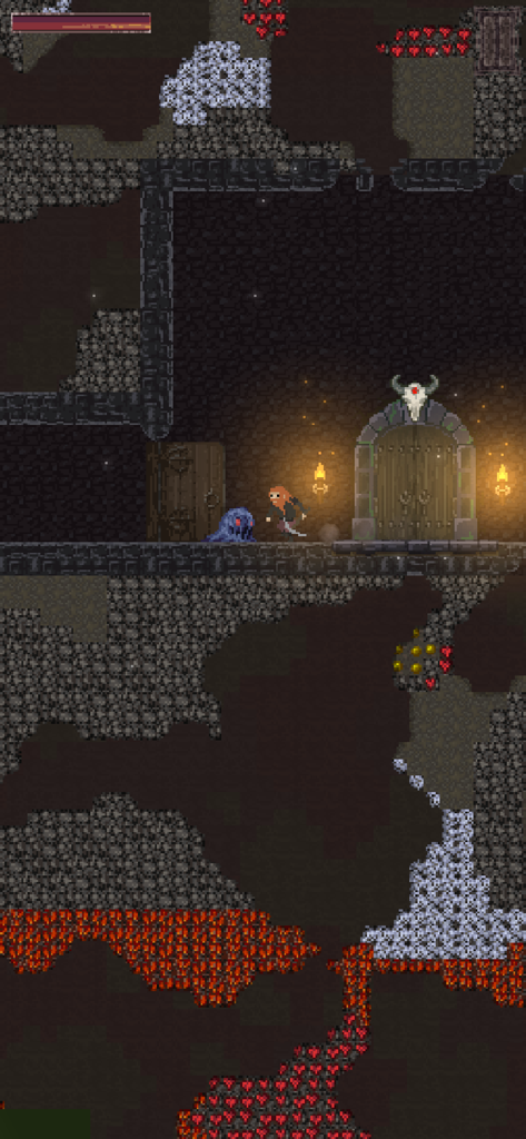 Dungeons & Miners - A pixel art adventurer encounters a monster in a dark dungeon in the game Dungeons and Miners.