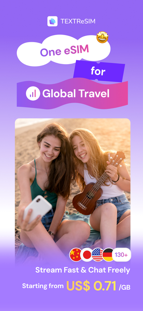 Textr eSIM: Travel Mobile Data - Textr eSIM app showing global travel mobile data plans starting at 0.71 dollars per GB for over 130 countries.
