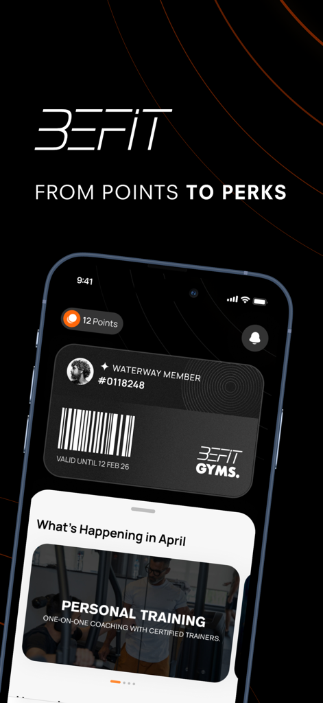 BeFit 360 - BeFit 360 mobile app interface showing a digital gym membership card and personal training options