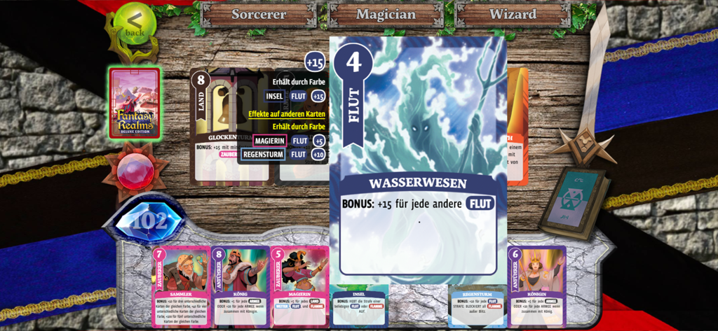 Fantasy Realms by WizKids - A digital card game interface showing various fantasy character cards and scoring combinations in Fantasy Realms