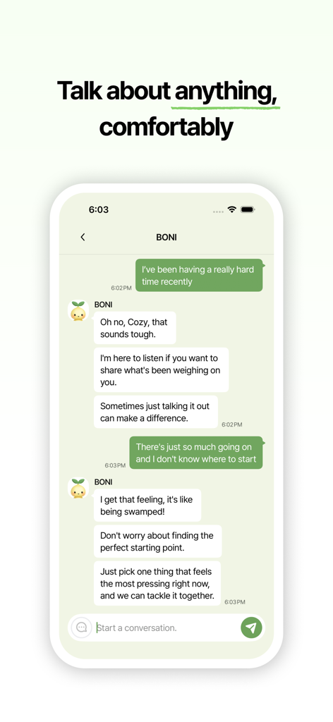 Greenmate – AI Friend for You - Ein Screenshot der Greenmate App, der ein unterstützendes Textgespräch mit dem KI-Begleiter Boni zeigt.