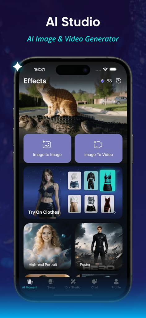 iSwapX - iSwapX app interface showcasing AI image and video generator tools and virtual wardrobe try on