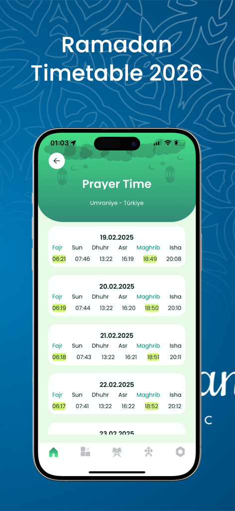 Smartphone display showing the Ramadan 2026 timetable and daily prayer times in the Muslim AI app