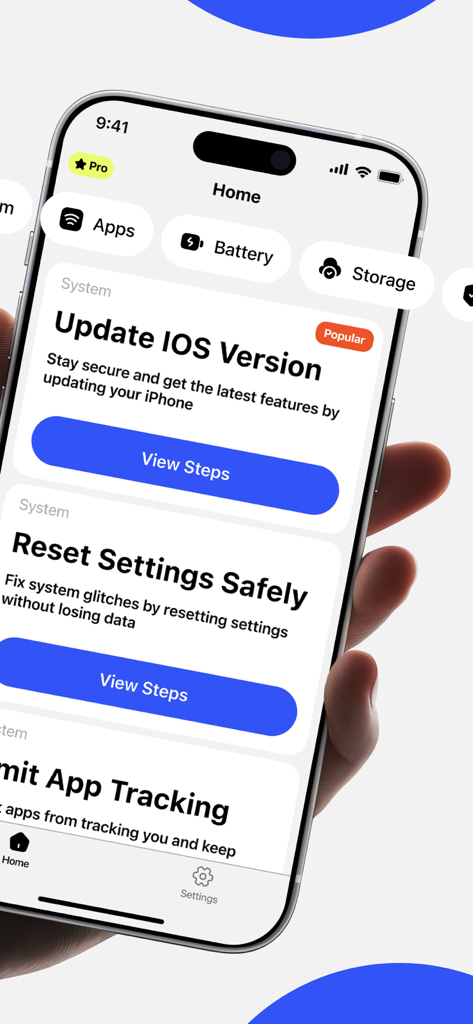 Update Apps in My Phone - A simplified iPhone maintenance app showing options to update iOS and reset settings
