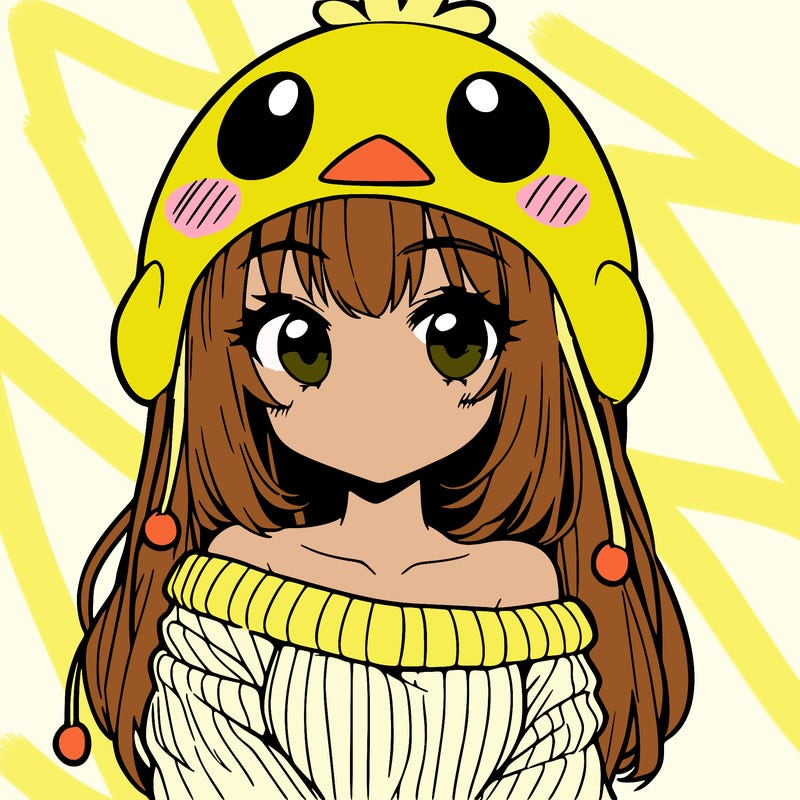 anime girl with chick shaped hat with sweater with bare shoulders with bangs covering them one eye with low tail