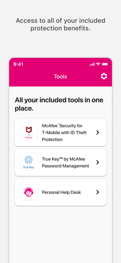 Protection 360™ - A tela de Ferramentas do aplicativo Protection 360 mostrando benefícios incluídos, como McAfee Security, Gerenciamento de Senhas True Key e Help Desk Pessoal.